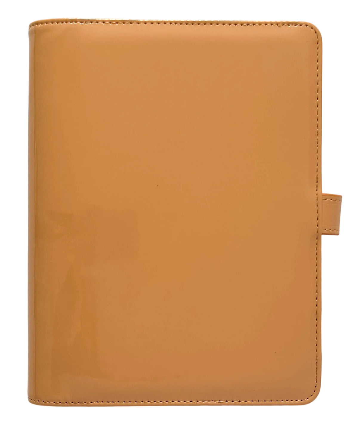 A tan vegan leather planner cover with a glossy finish, shown closed against a plain white background.