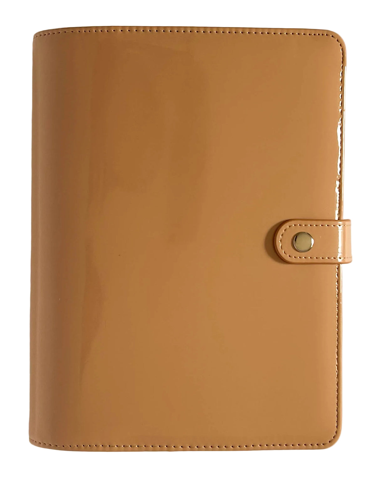 A tan glossy vegan leather planner cover with a snap-button closure strap, shown flat against a light beige background.