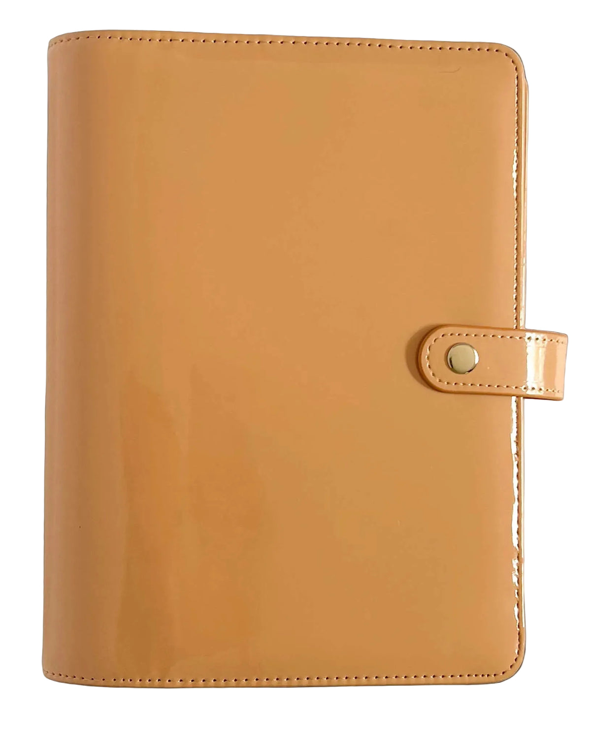 A glossy tan planner cover with a snap-button closure strap, shown flat against a light neutral background.