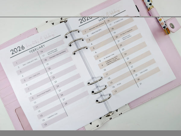 A5 2026 Key Dates and Holidays - Planner Peace