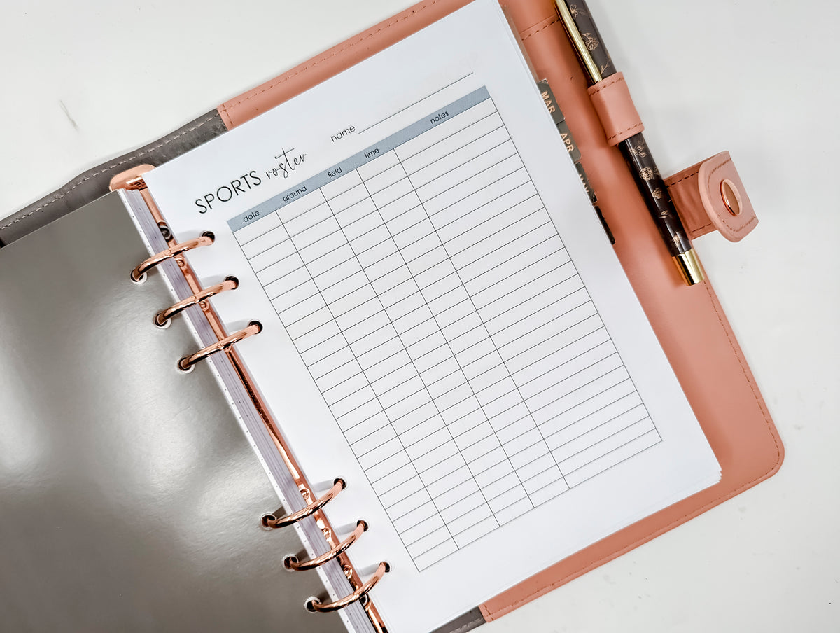 A5 Sports Roster Planner Inserts
