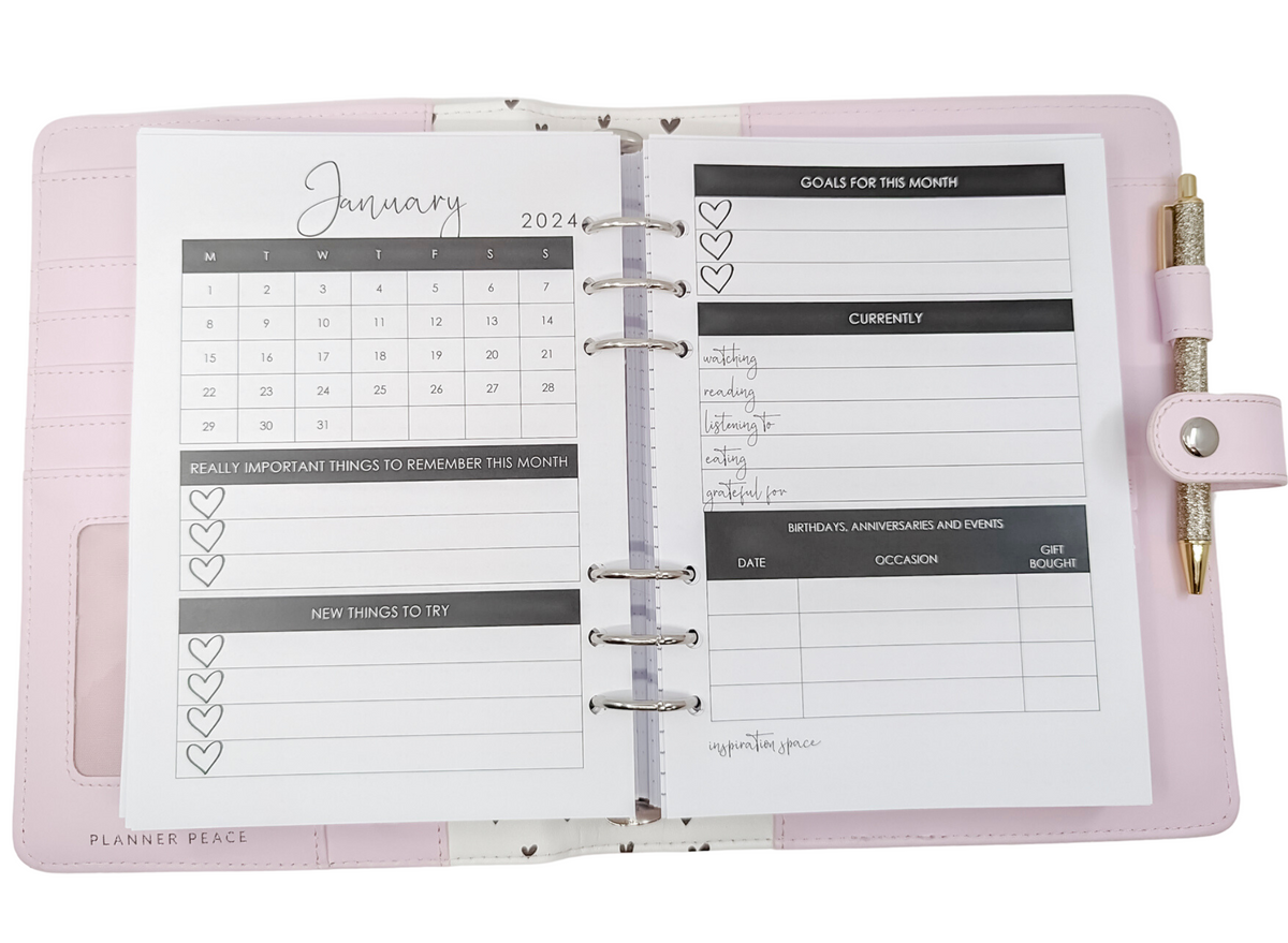 A5 Monthly Layout with Trackers | Monochrome