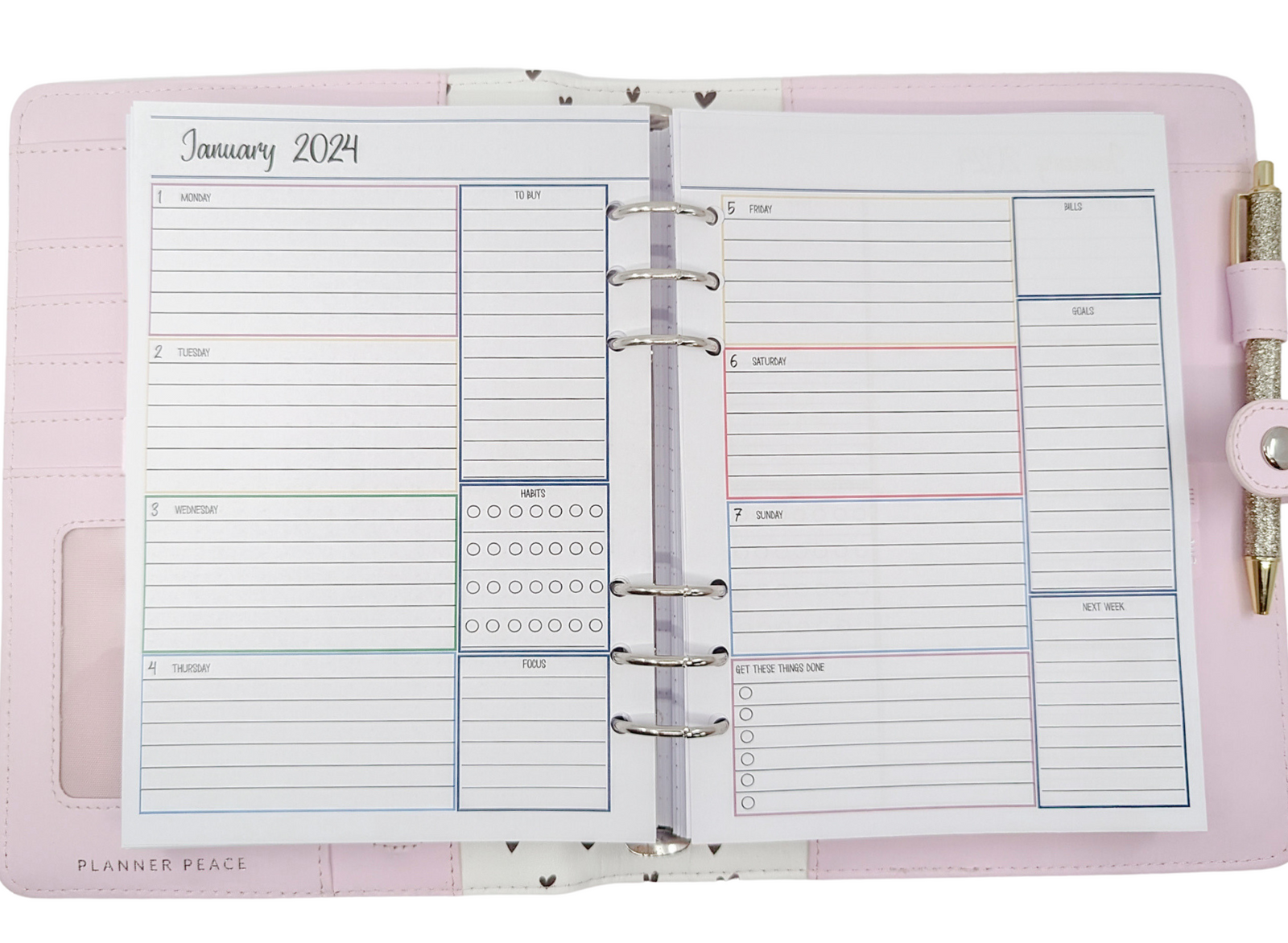 A5 planner refill - weekly layout with productivity trackers including space for habit tracking, bills tracking and goals
