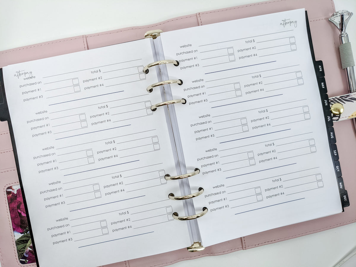 Afterpay tracker A5 planner refill inserts 
