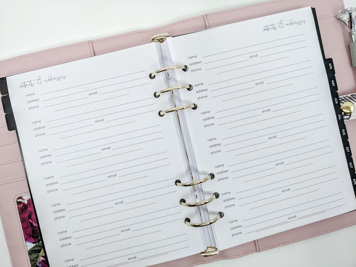 A5 Contacts and Addresses Planner Inserts for Planner Peace Australia