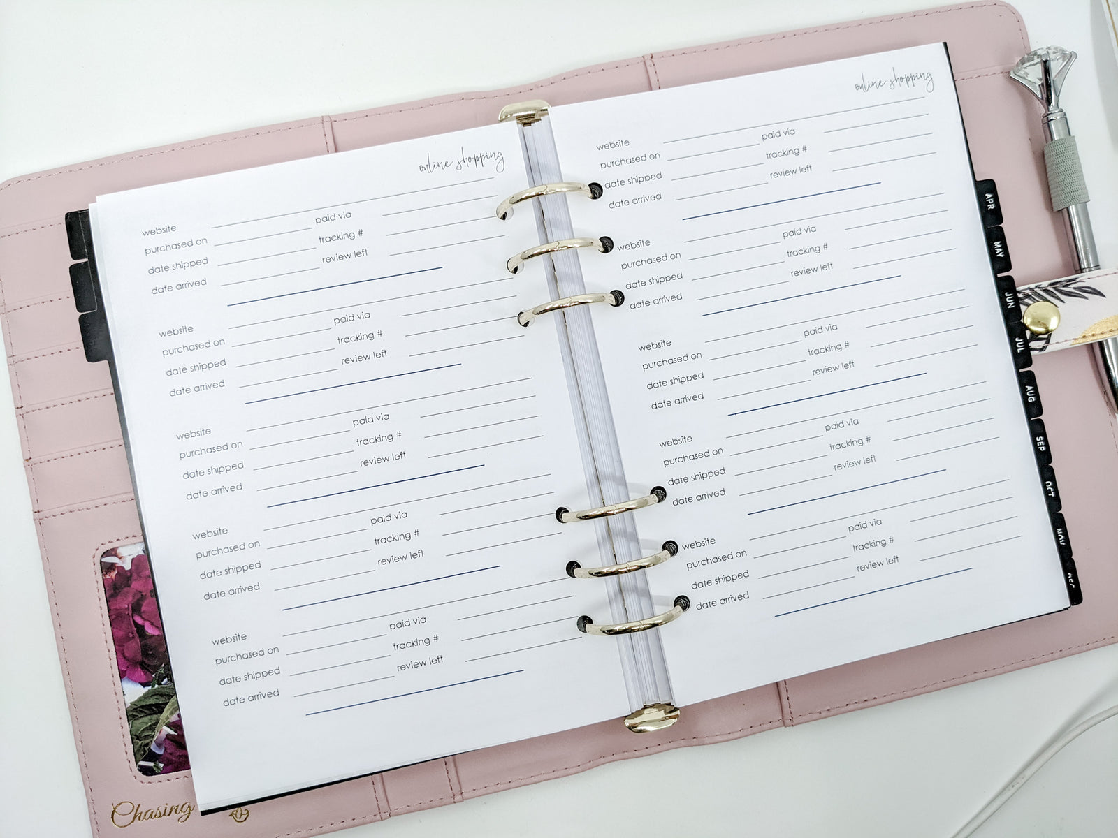 A5 online shopping tracker planner inserts