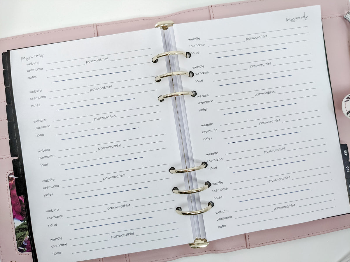 A5 password tracking planner refill by Planner Peace Australia