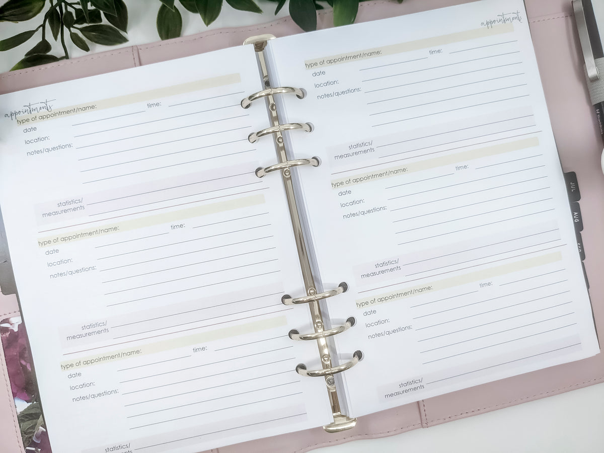 Planner Peace health appointment planner inserts for A5 ring planners
