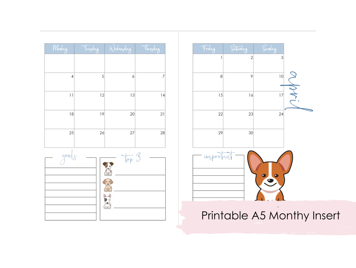 Printable April Monthly Inserts for A5 Planner