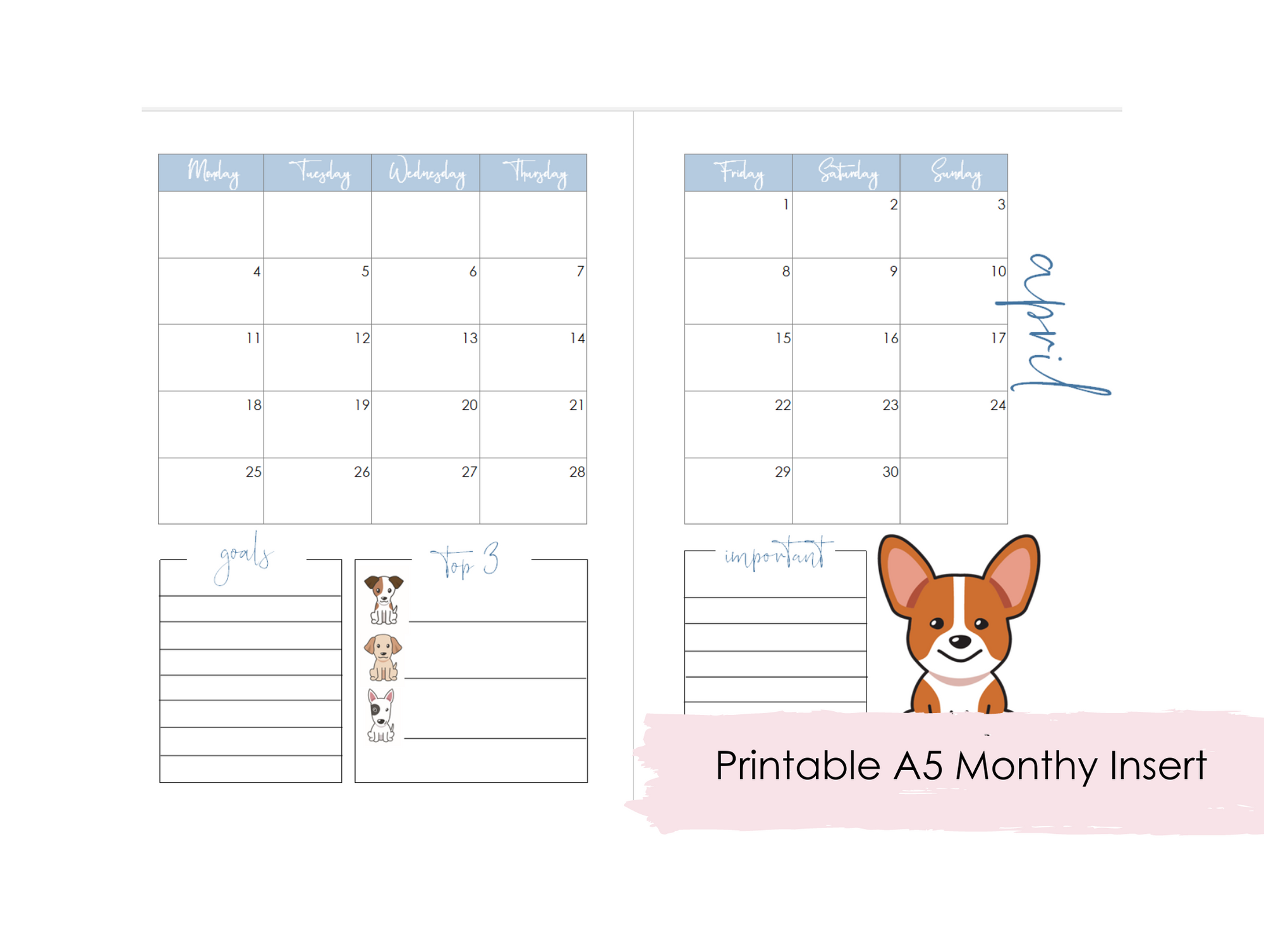 Printable April Monthly Inserts for A5 Planner