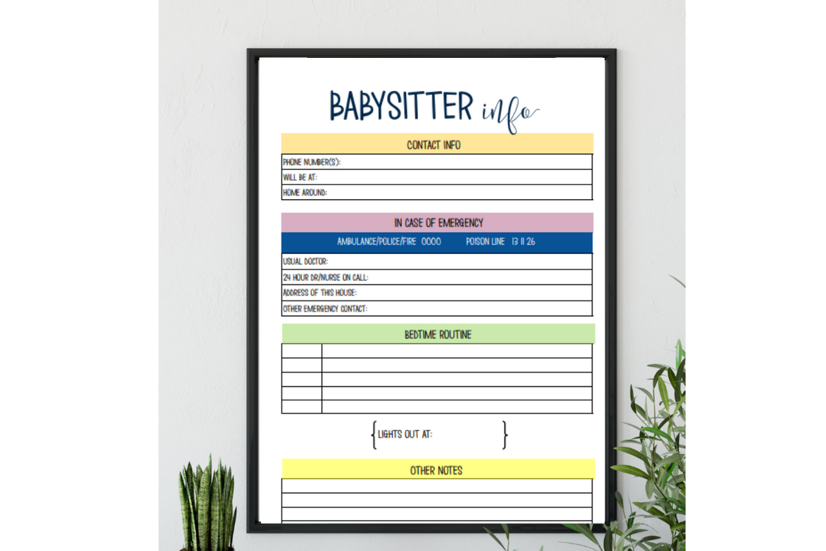 A4 Babysitter Information Sheet - Digital Download