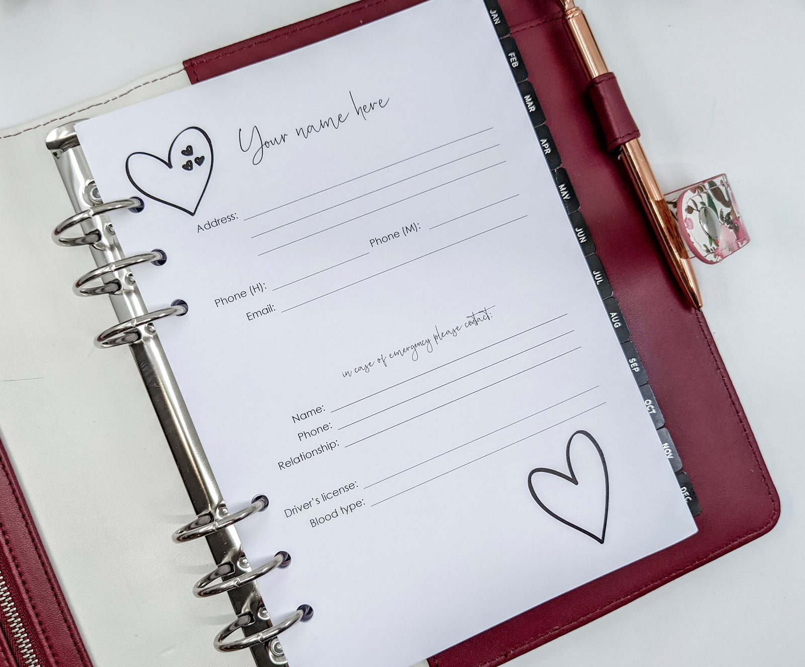 A5 personal info sheet heart