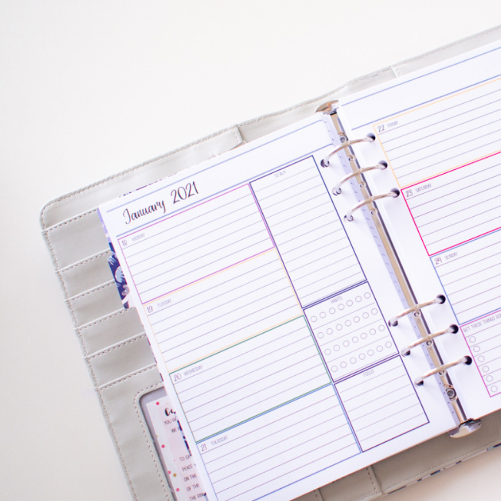 A5 planner refill - weekly layout with productivity trackers including space for habit tracking, bills tracking and goals