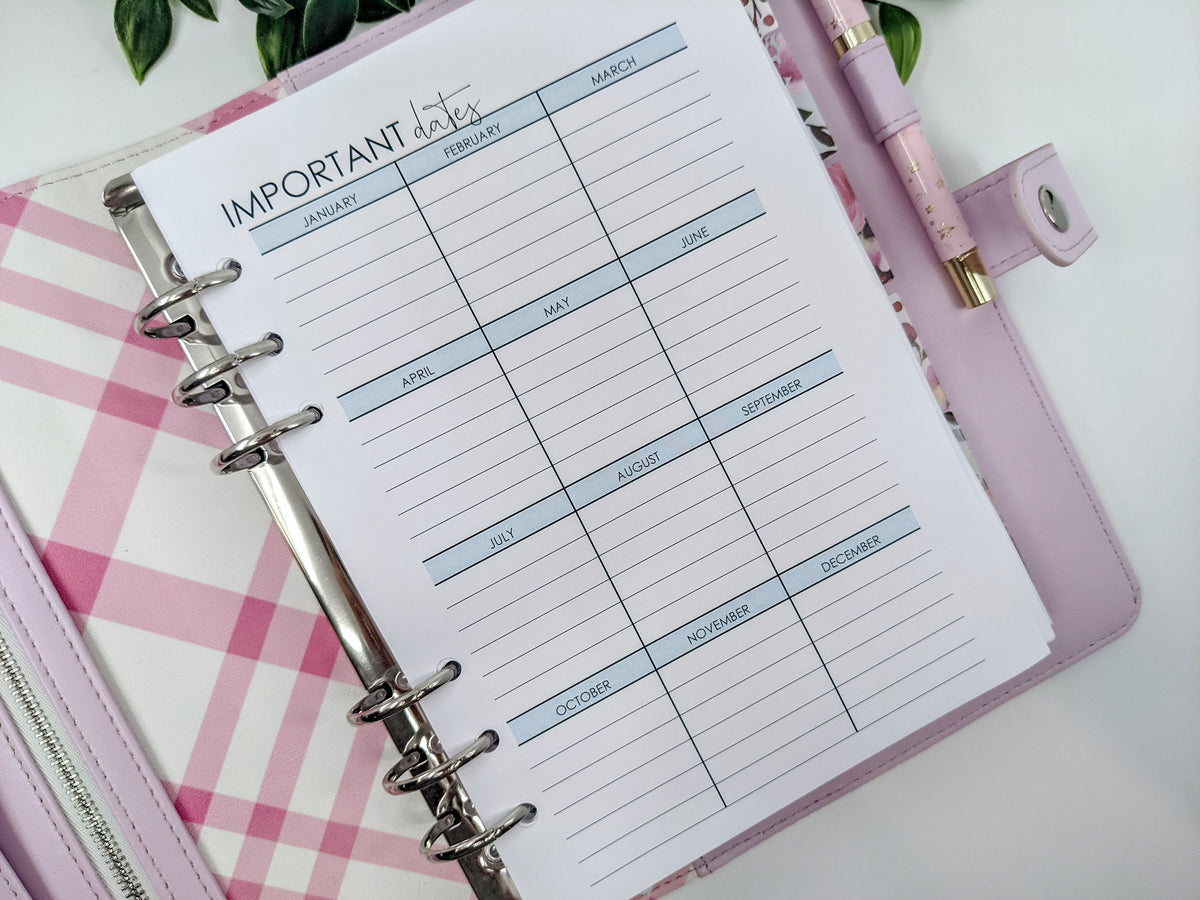Birthday and important date planner inserts for A5 planners