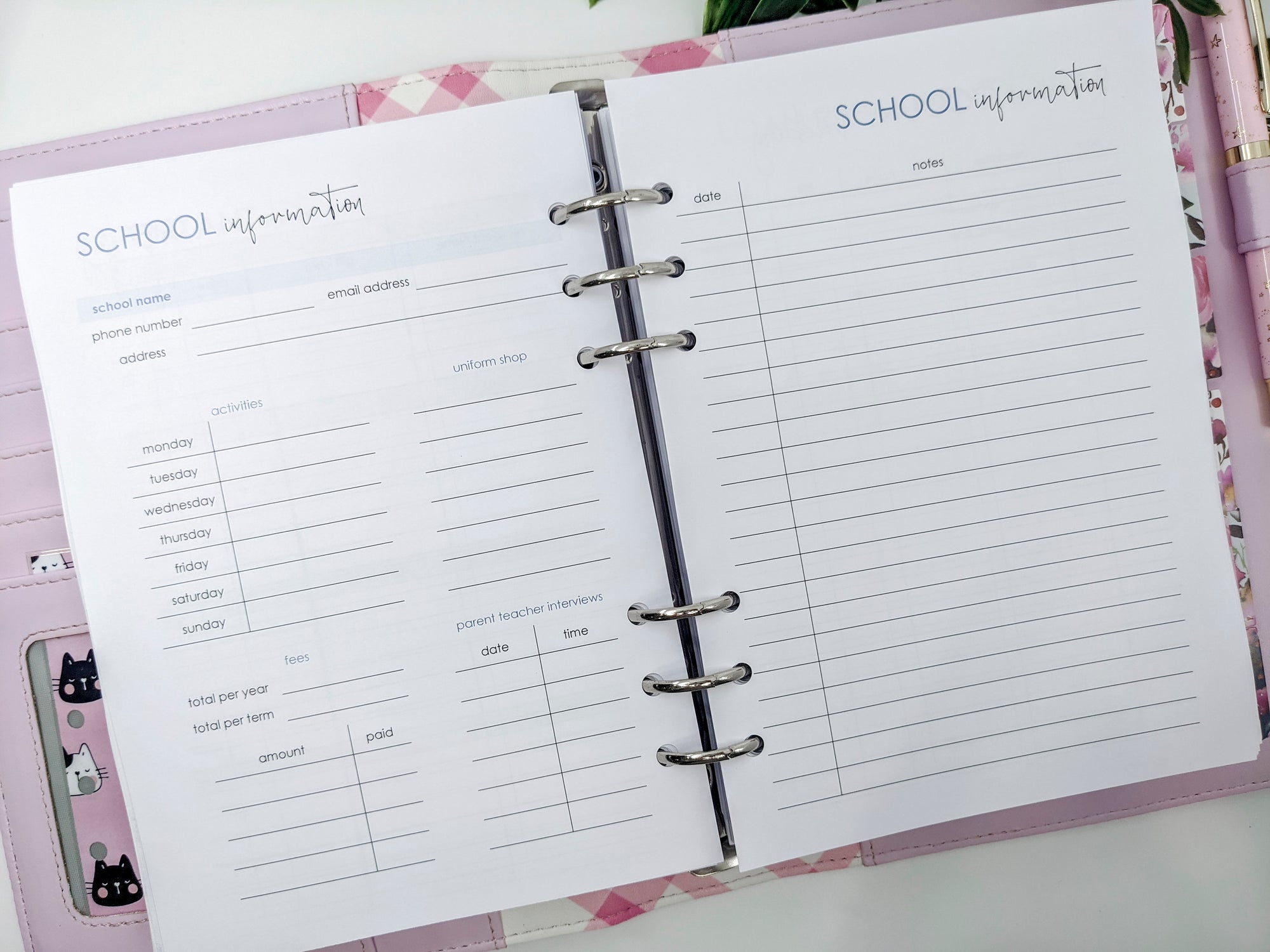 A5 School information planner refills for Planner Peace plannres. Also fits Kikki.K, Filofax and other A5 diaries, planners and organisers