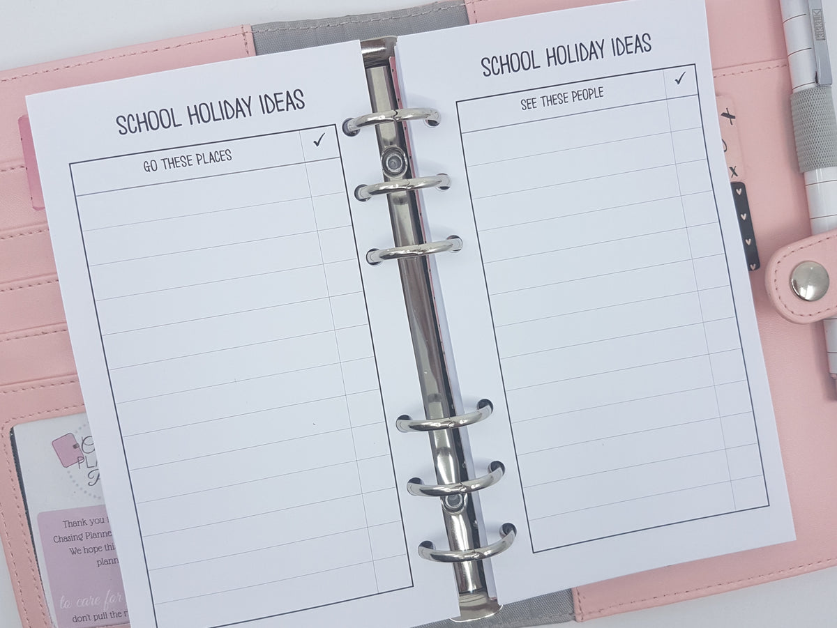 Personal Size School Holidays planner inserts | 2 double sided sheets