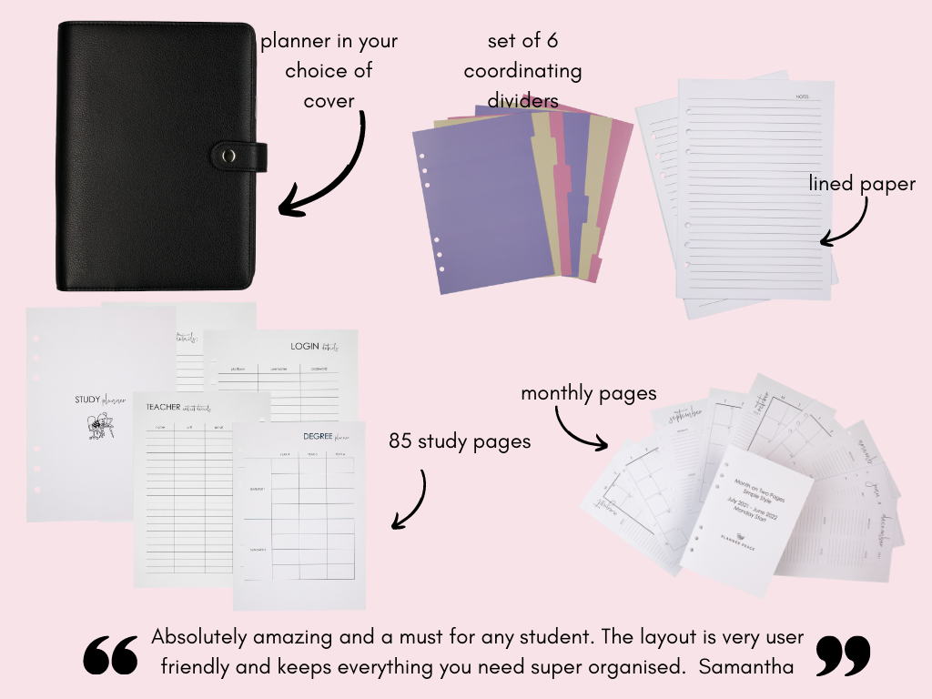 A5 study planner showing planner cover, divider, monthly pages, study pages and more